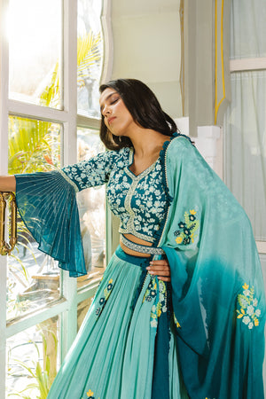 Sea Green Georgette Crepe &amp; Satin Embroidered Lehenga Set - Custom image
