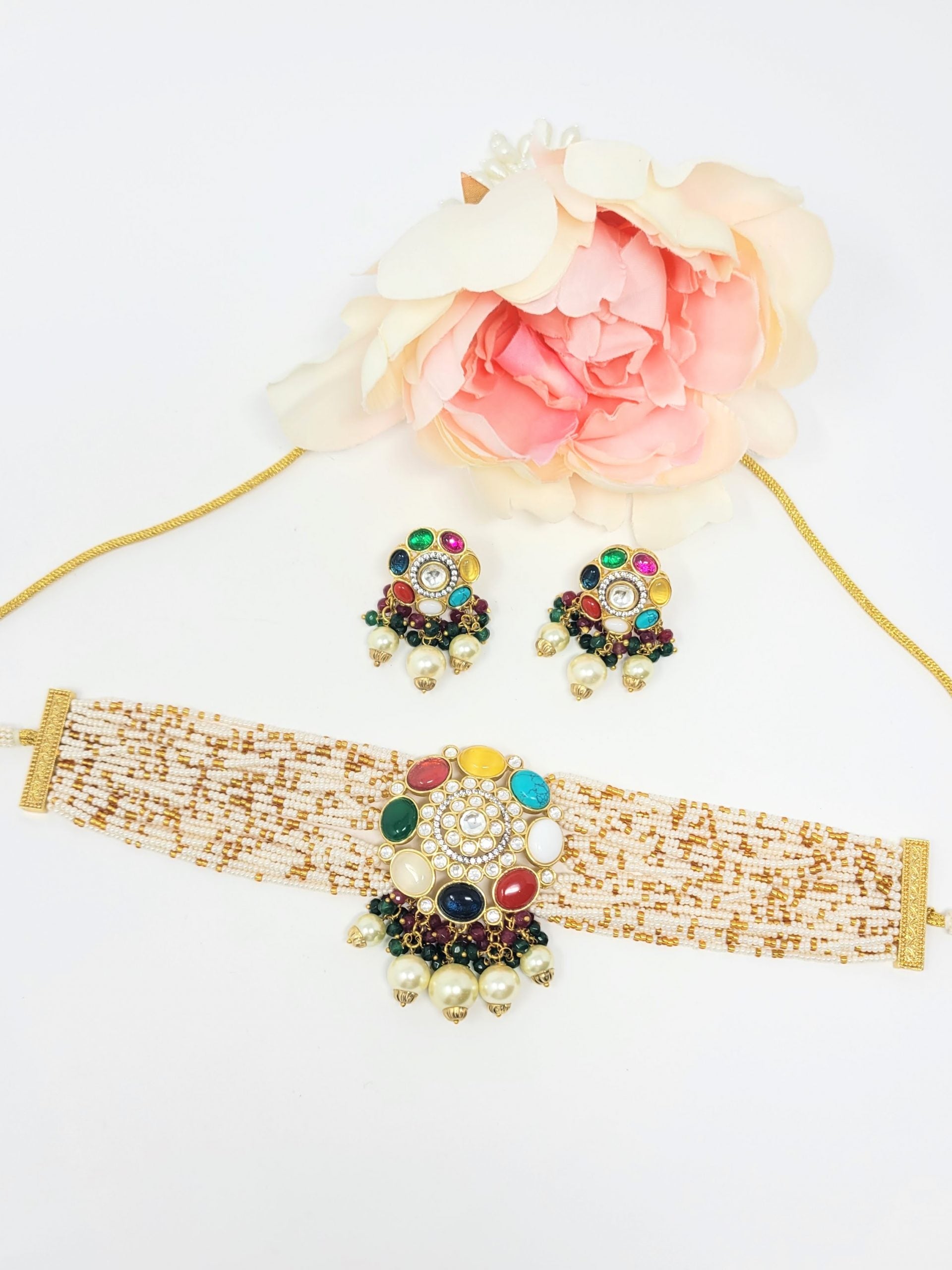 Multi Color Choker Set With Pearl Drop image 1