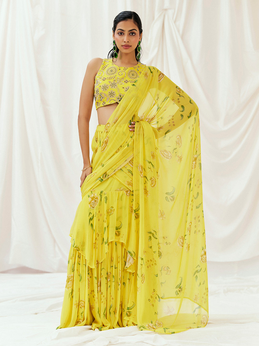 Bright Yellow Printed Embroidered Drape Saree Set image 8