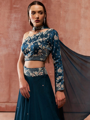 Teal Blue One Shoulder Lehenga Set image 5