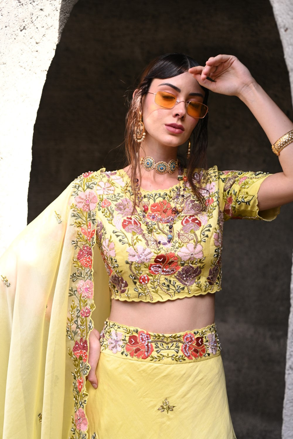 Lemon Yellow Embroidered Lehenga Set image 1