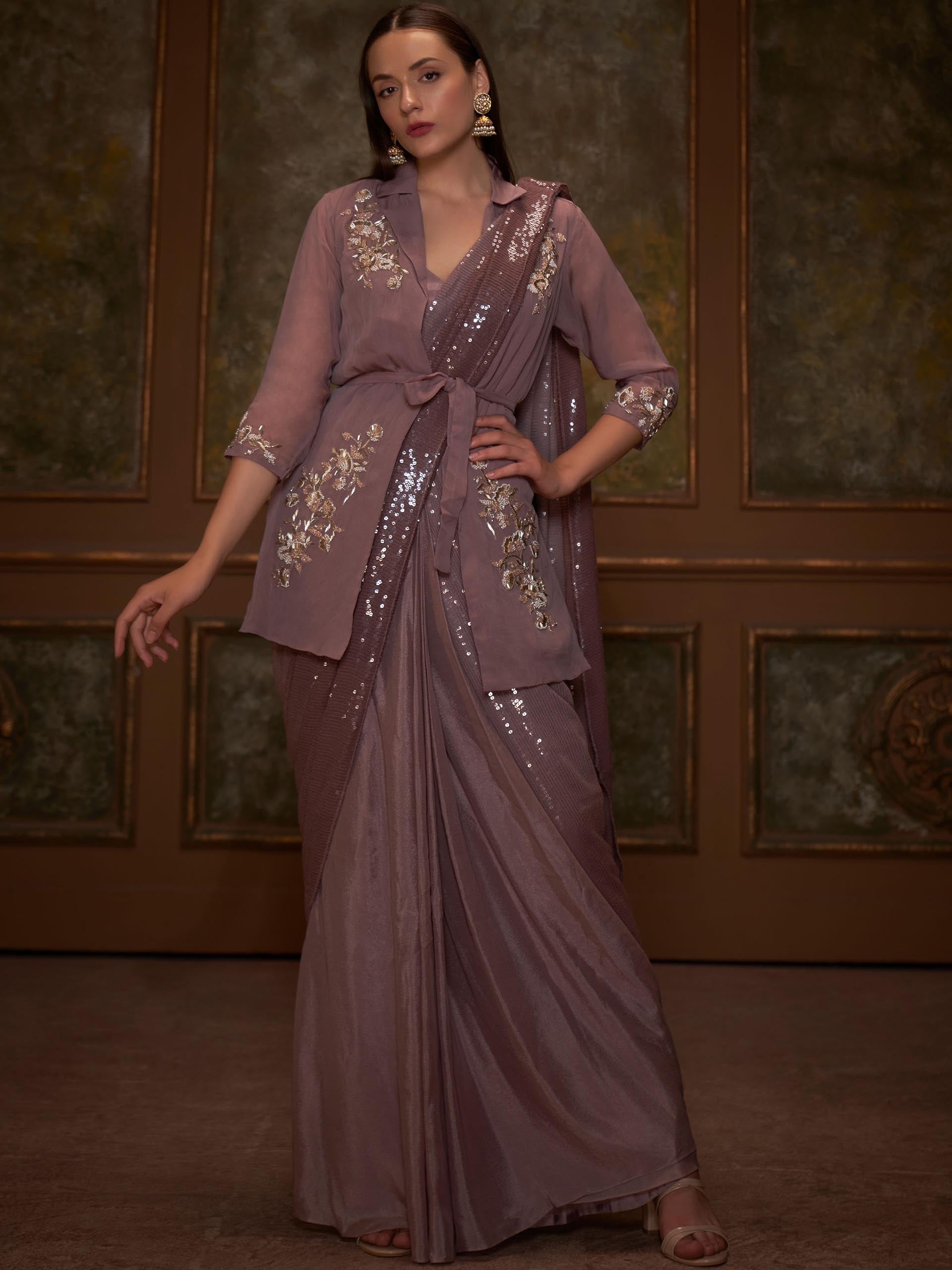 Chocolate Brown Jacket Pre Draped Saree Set - Custom image
