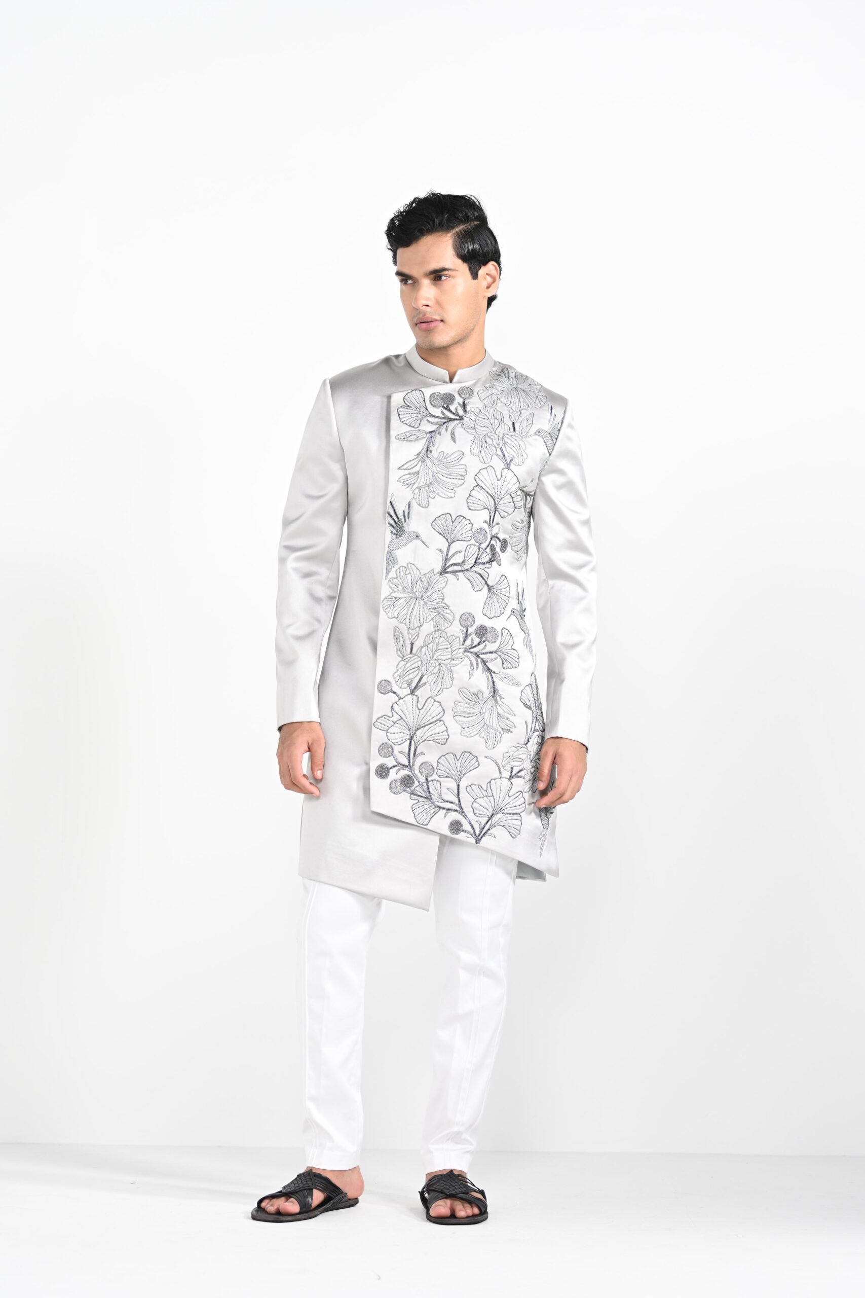 Barely Grey Satin Achkan Set - S image