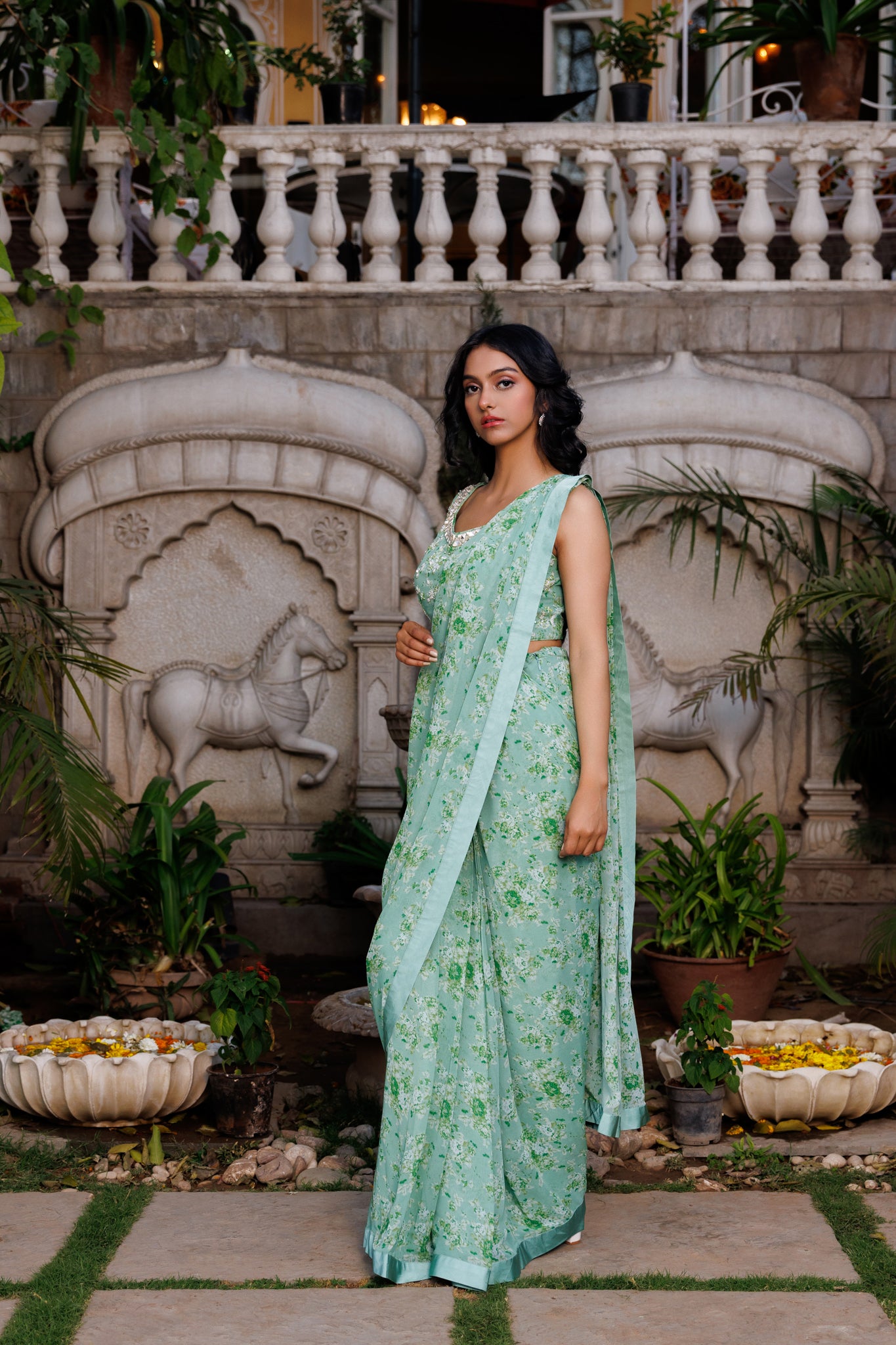Powder Green Pre-Draped Saree image 1