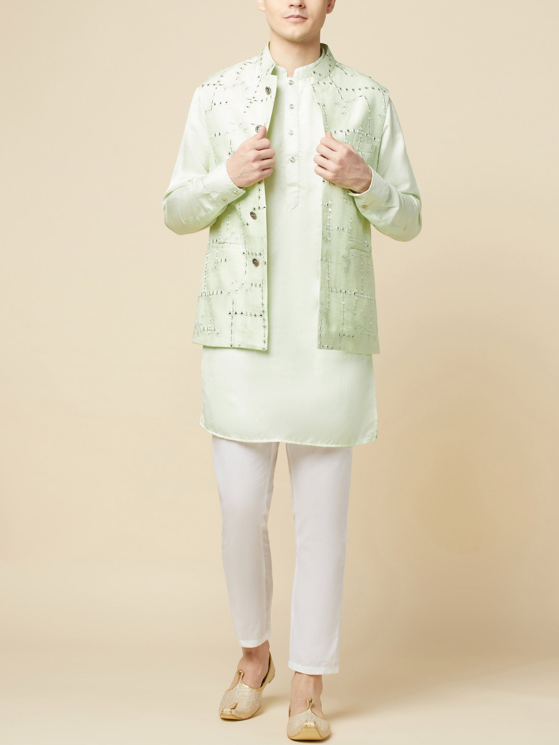 Mint Green Kurta Bundi Jacket Set image 4