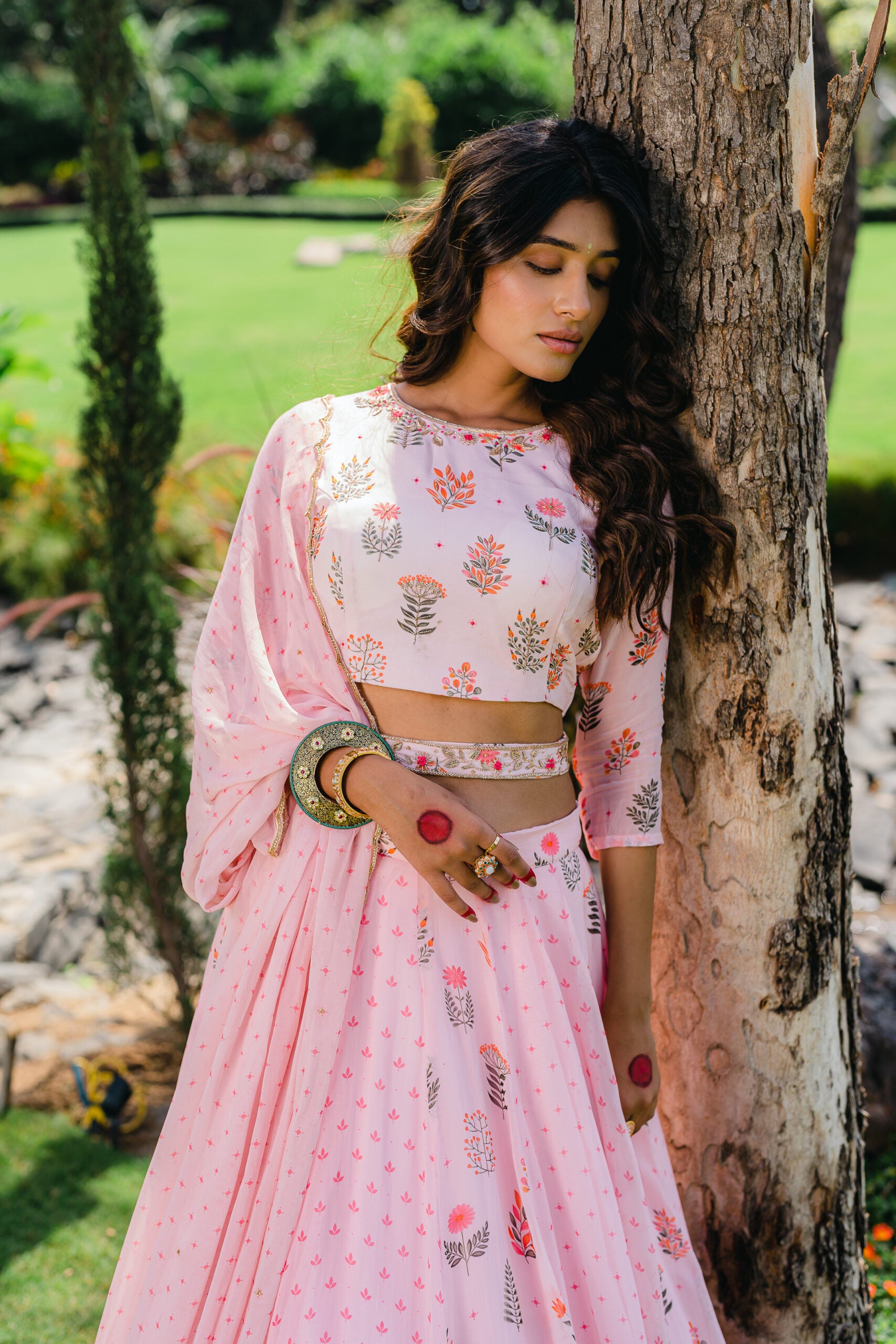 Blush Pink Floral Printed Embroidered Lehenga Set image 4