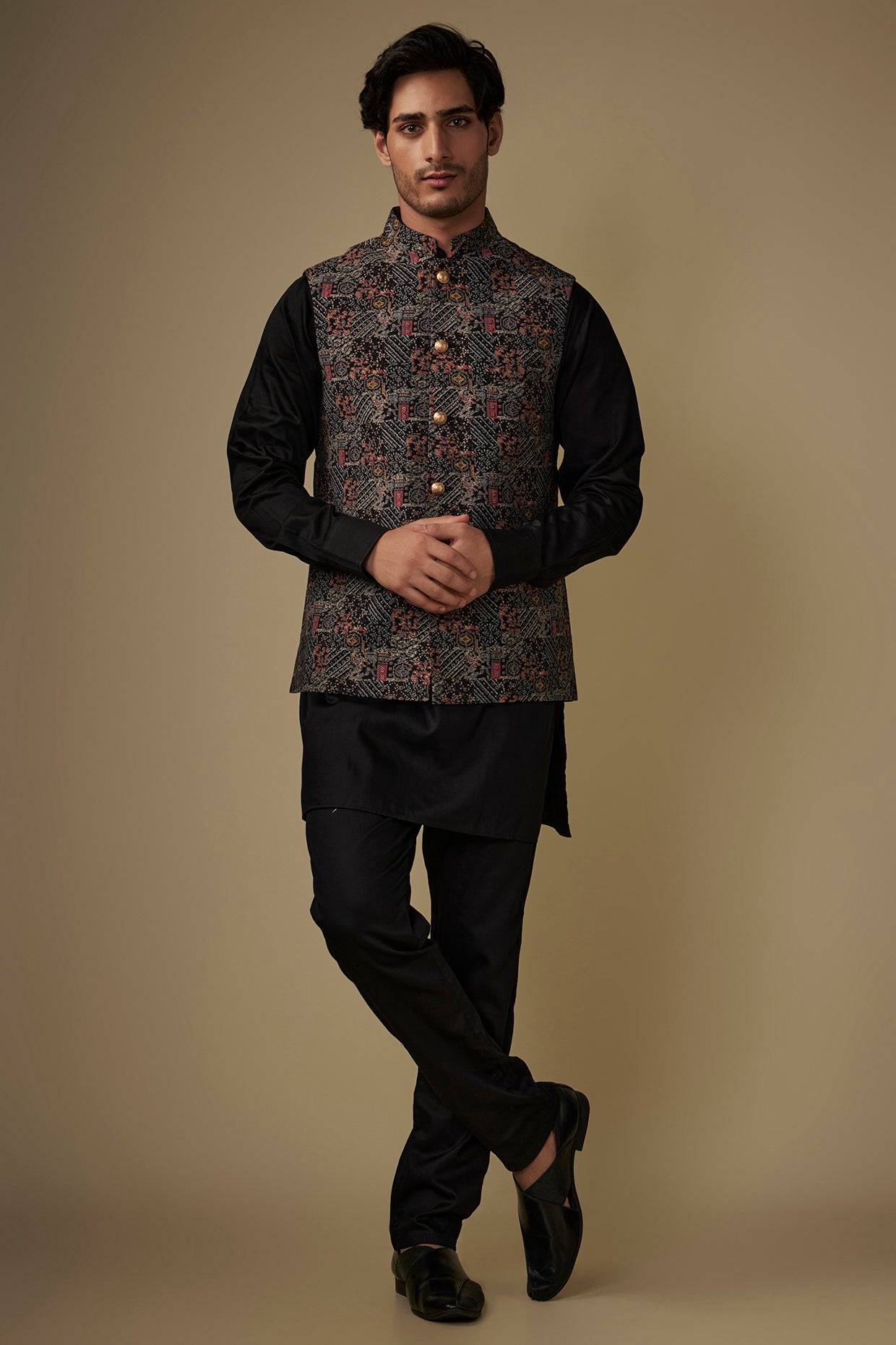 Black Digital Print Nehru Jacket image 0