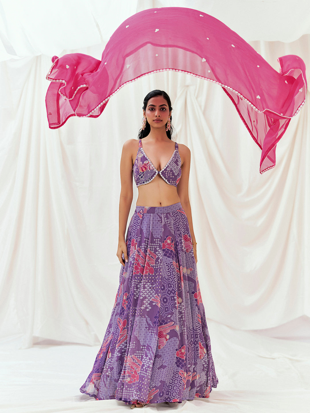 Violet Printed Embroidered Lehenga Set with Dupatta image 6