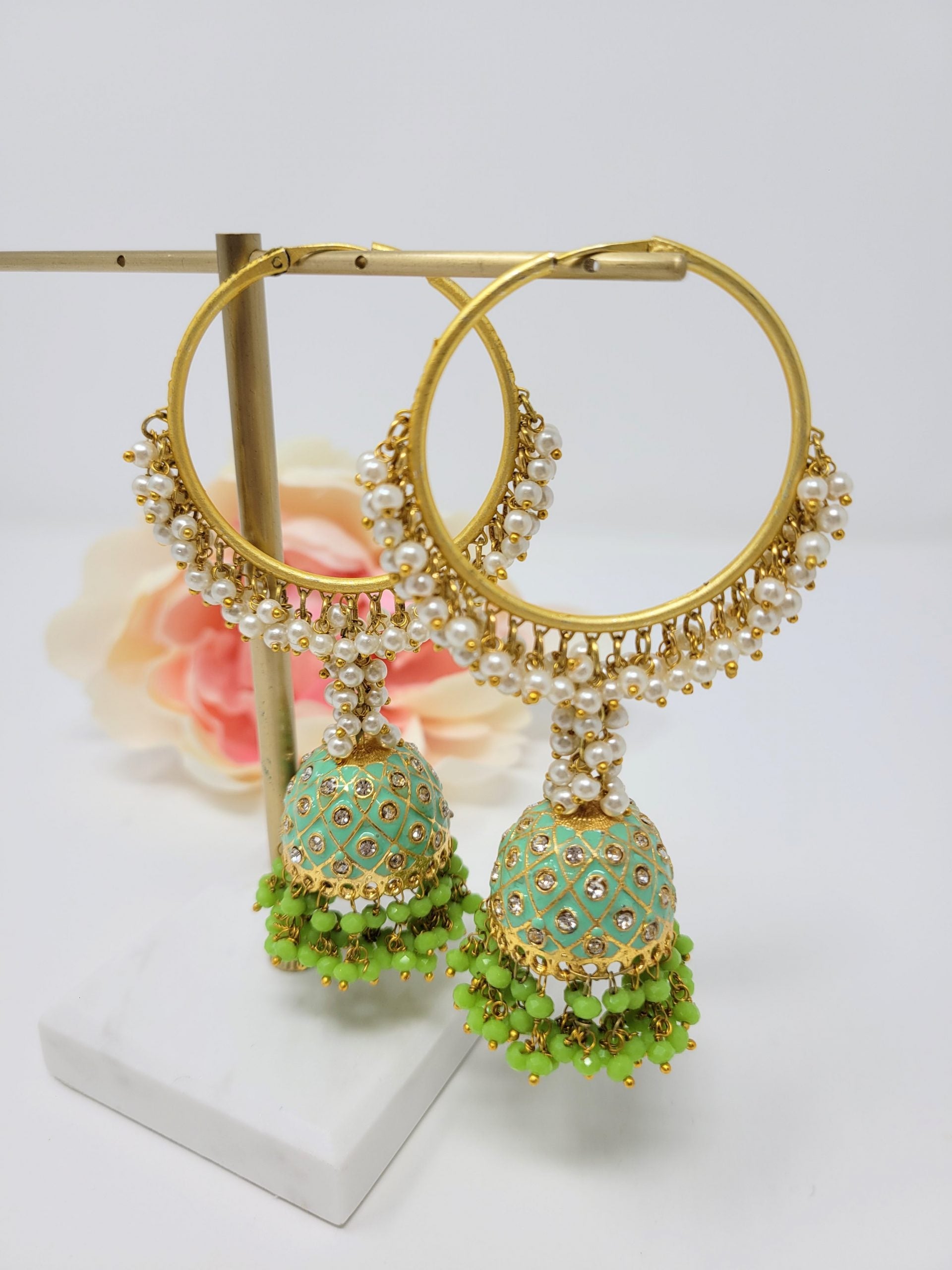 Meenakari Jhumka Hoop Earrings - Mint Green image