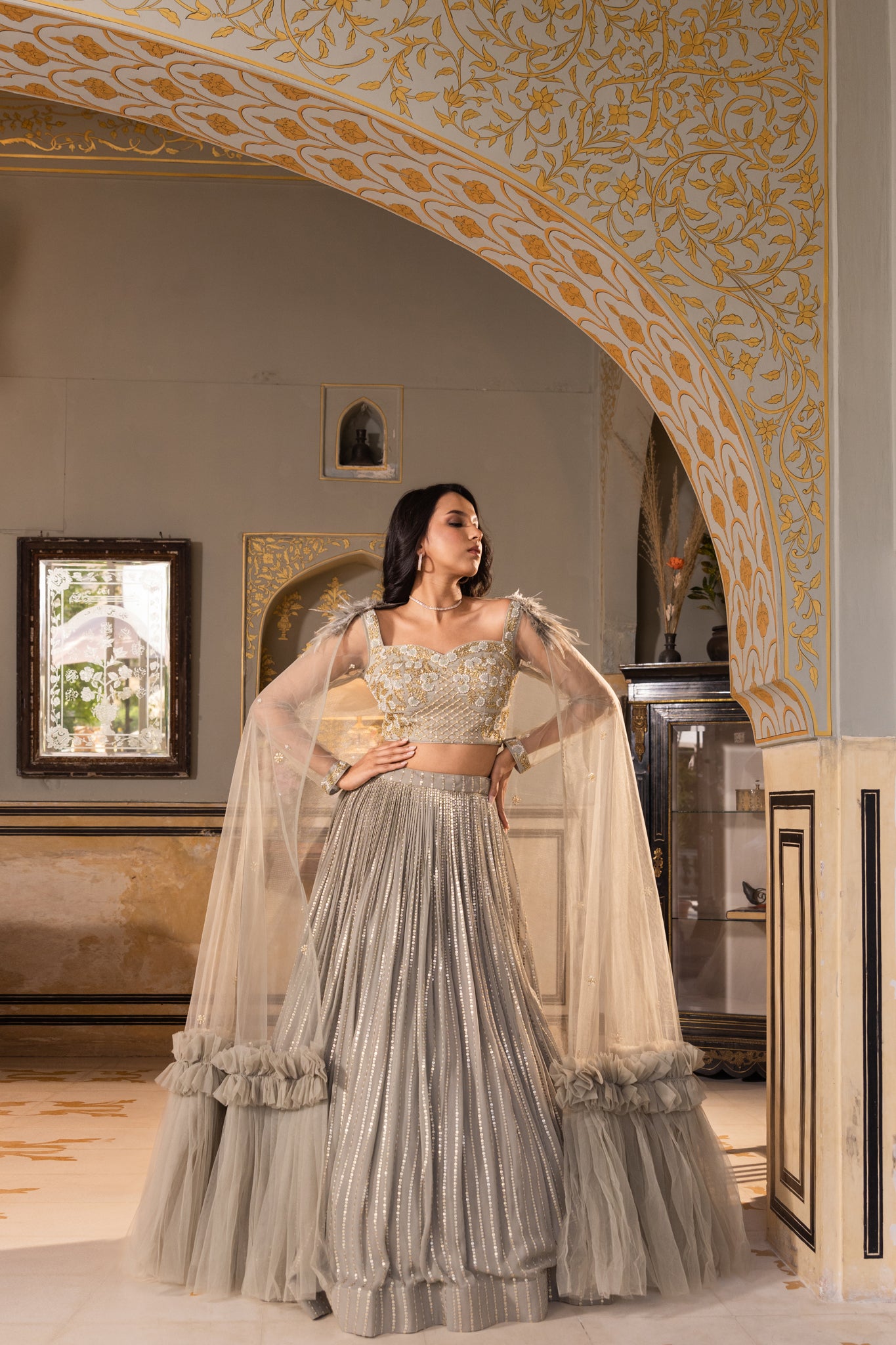 Grey Georgette Sequins Embroidered Blouse Lehenga Set image 0