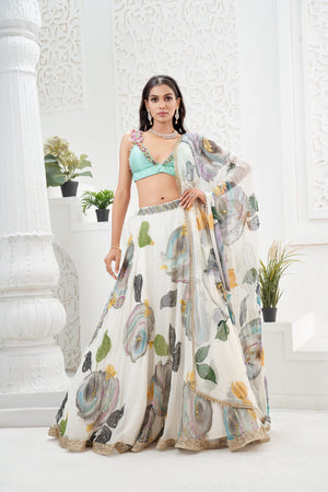 Ivory hand painted lehenga and Mint bralette blouse set image 7