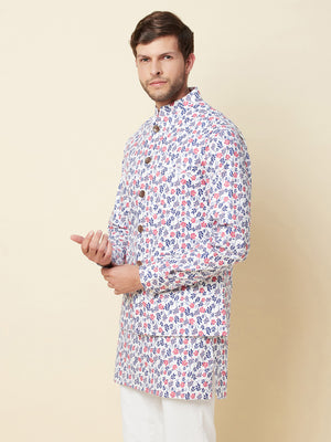 White Floral Print Jacket with Kurta Set image 3