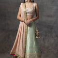 Mint Green Raw Silk Lehenga with Peach Choli image 0