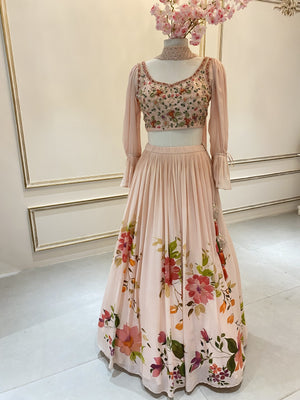 Hand Painted Peach Floral Lehenga image 3