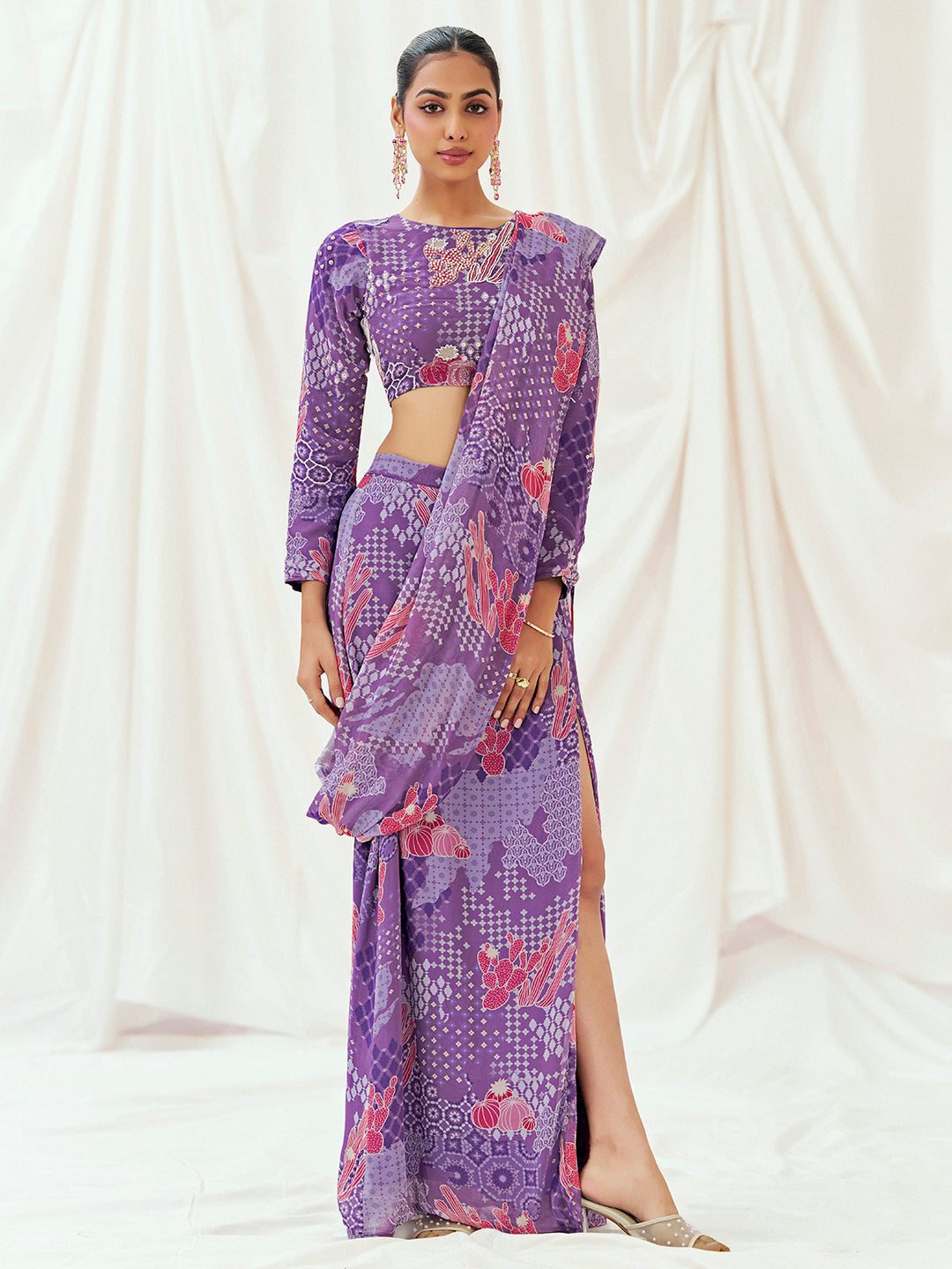 Violet Printed Embroidered Drape Saree Set image 1