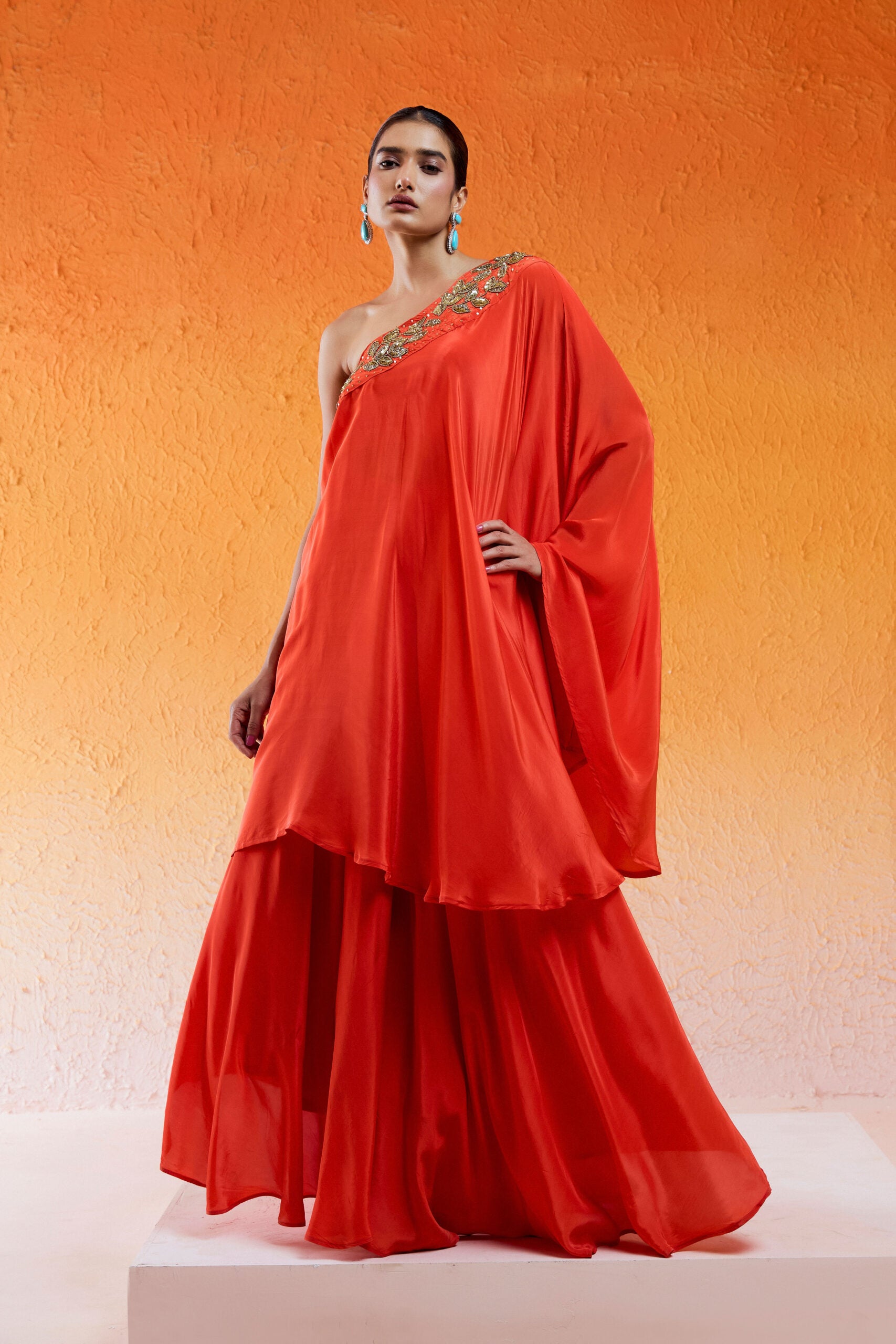 Scarlet Red One Shoulder Embroidered Dress with Flared Palazzos image 3