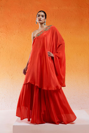 Scarlet Red One Shoulder Embroidered Dress with Flared Palazzos image 3