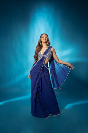 Blue Pre Stitched Saree With Mirror Work Blouse image 4