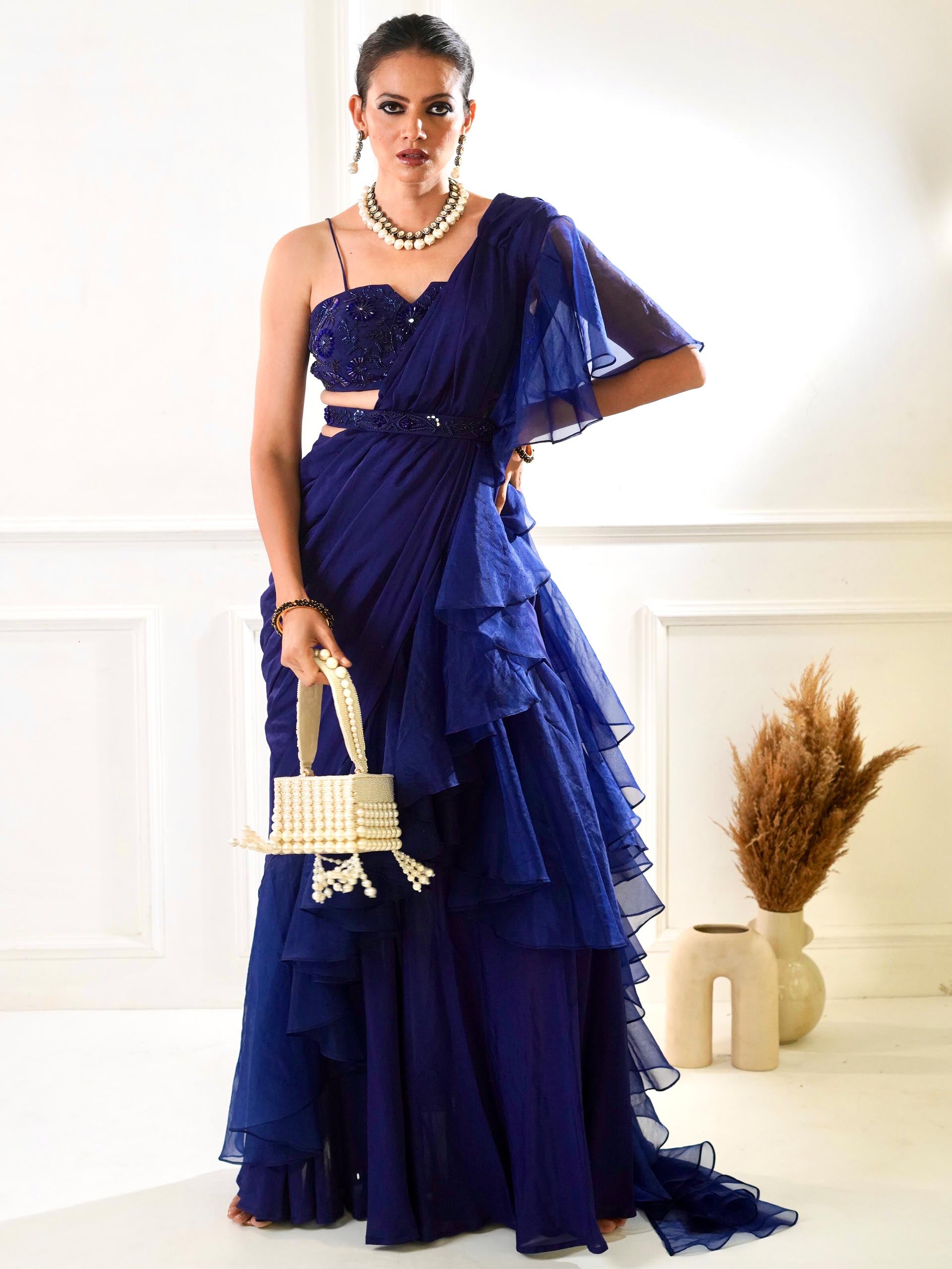 Nikasha Blue Ruffle Saree Set image 4