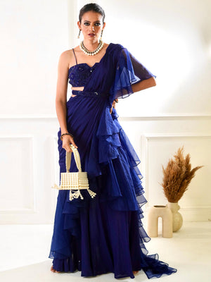 Nikasha Blue Ruffle Saree Set image 4