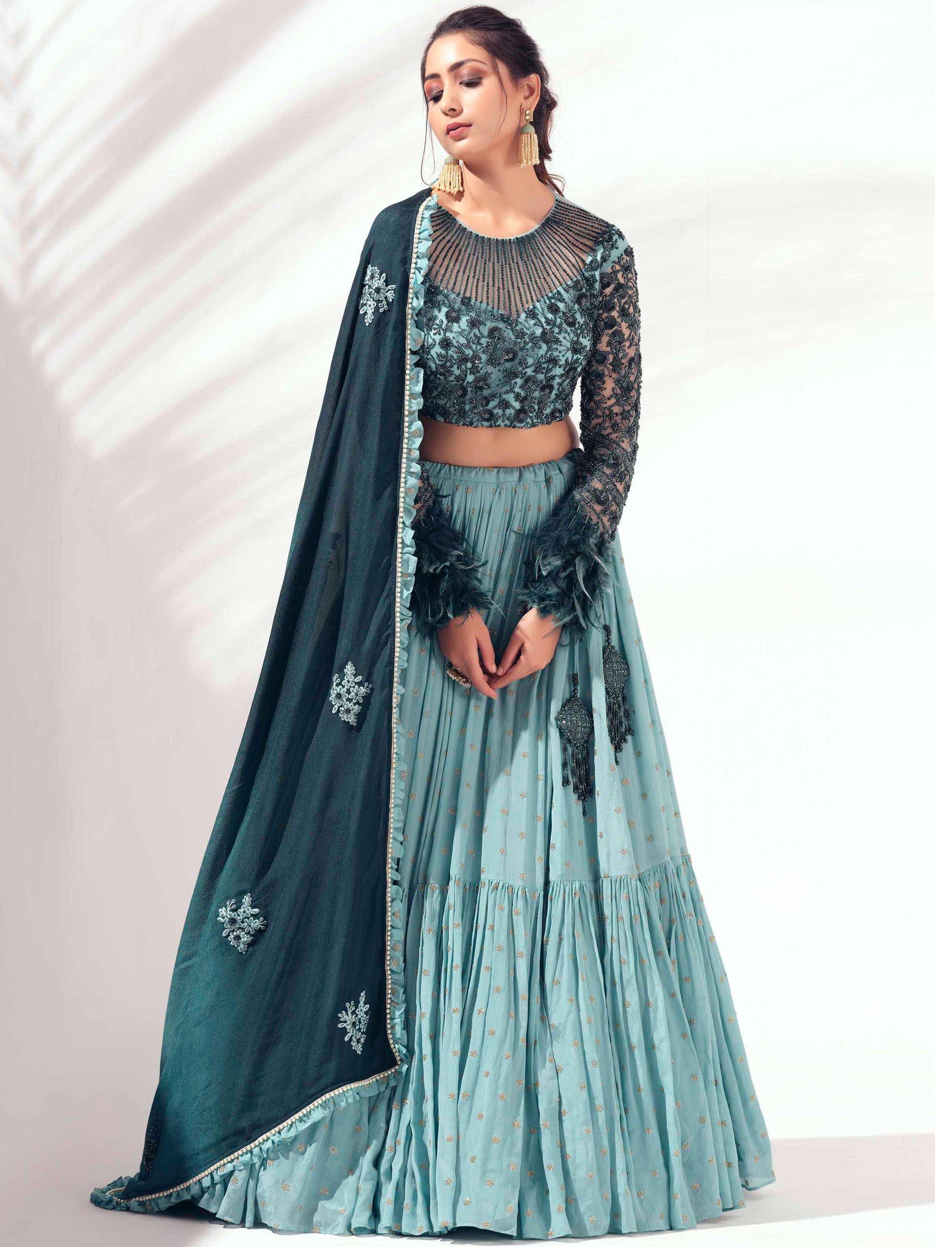 Green Self Embroidered Lehenga Set - M image