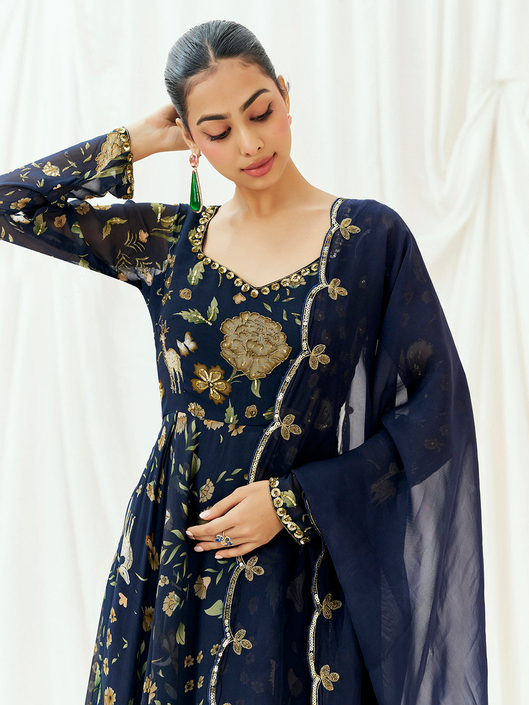 Navy Blue Printed Embroidered Anarkali Set with Dupatta image 3