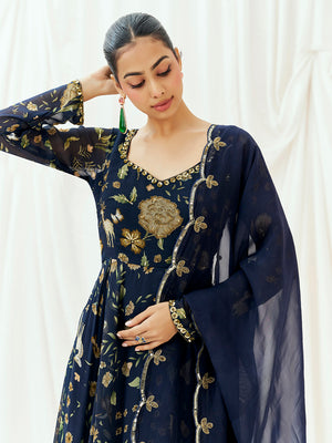 Navy Blue Printed Embroidered Anarkali Set with Dupatta image 3
