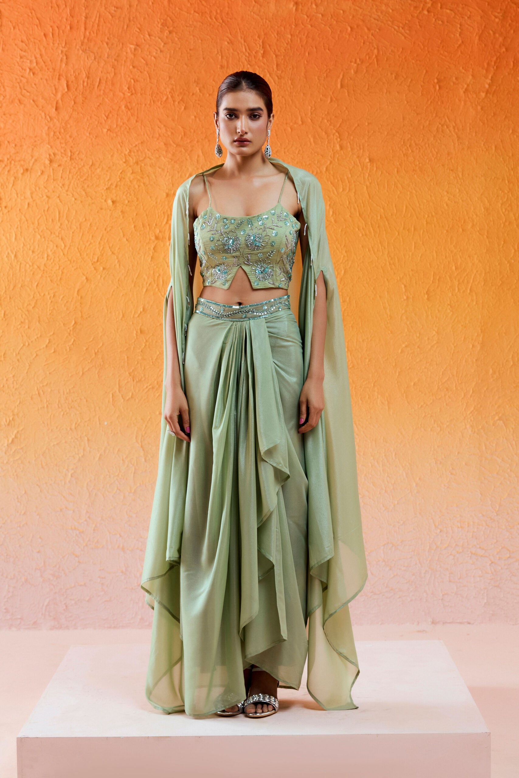 Pista Green Embroidered Drape Skirt Set with Cape - L image