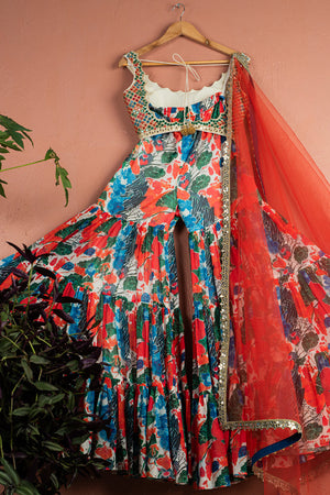 Floral Fiesta Sharara With Kalidescope Mirrorwork Blouse Set image 2