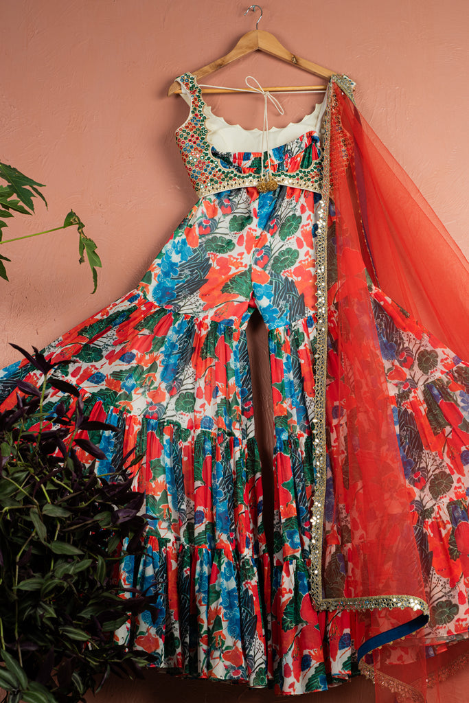 Floral Fiesta Sharara With Kalidescope Mirrorwork Blouse Set image 2