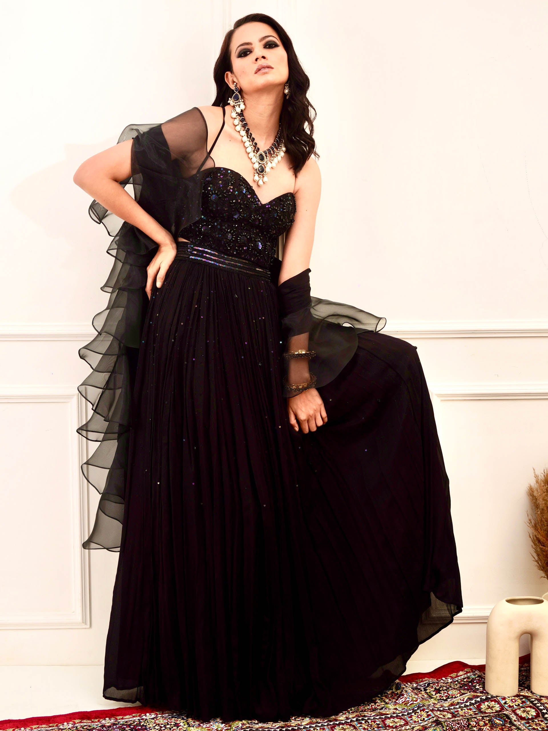 Black Evaa Corset Lehenga Set - S image