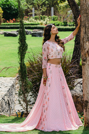 Blush Pink Floral Printed Embroidered Lehenga Set image 1