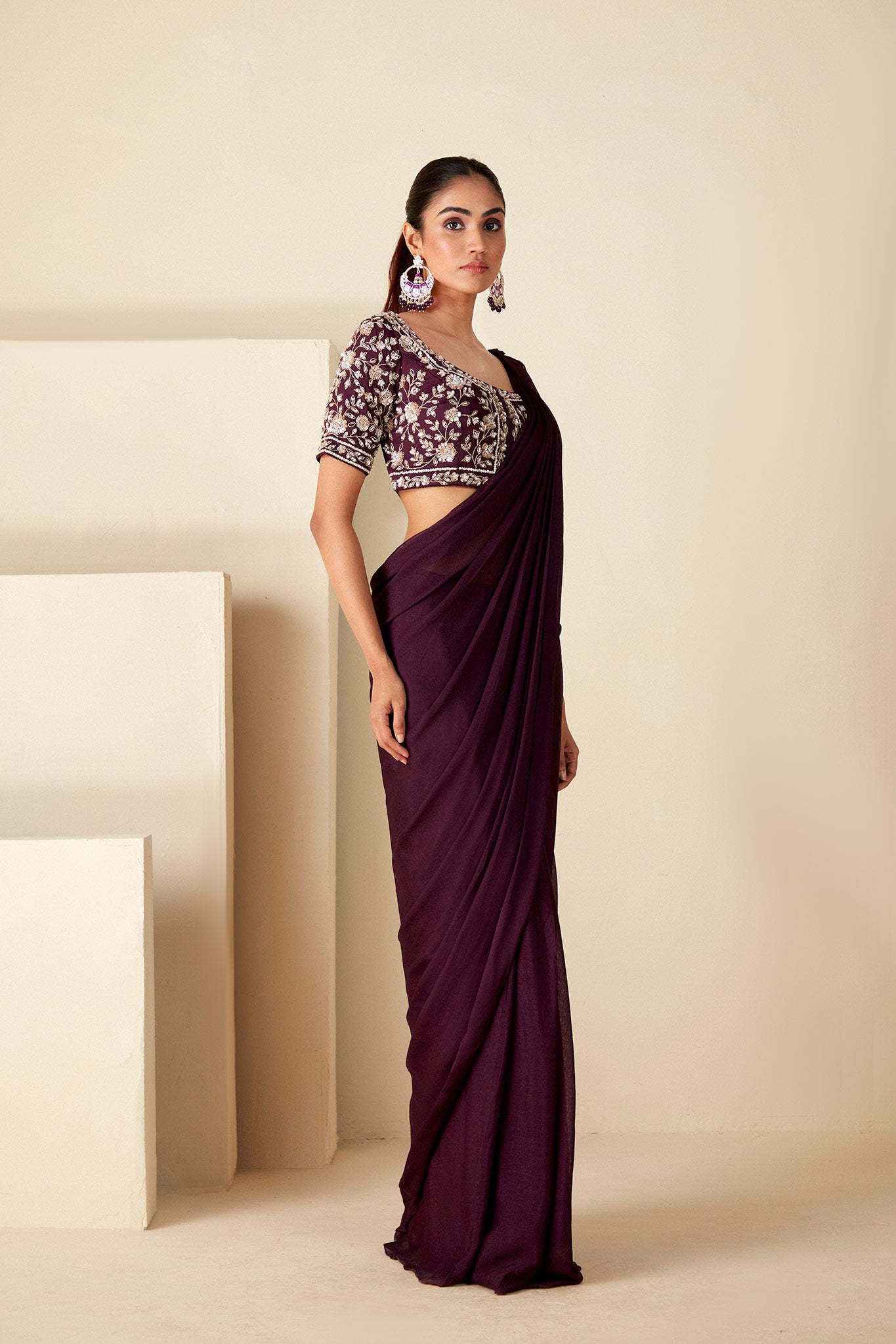 Wine Georgette Pre-Drape Saree image 4
