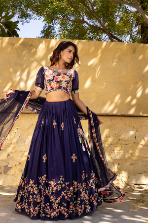 Purple Floral Georgette Embroidered Lehenga Set image 0