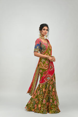 Olive Highlighted Dual Pre-stitched Saree Paired With Patch Blouse image 4