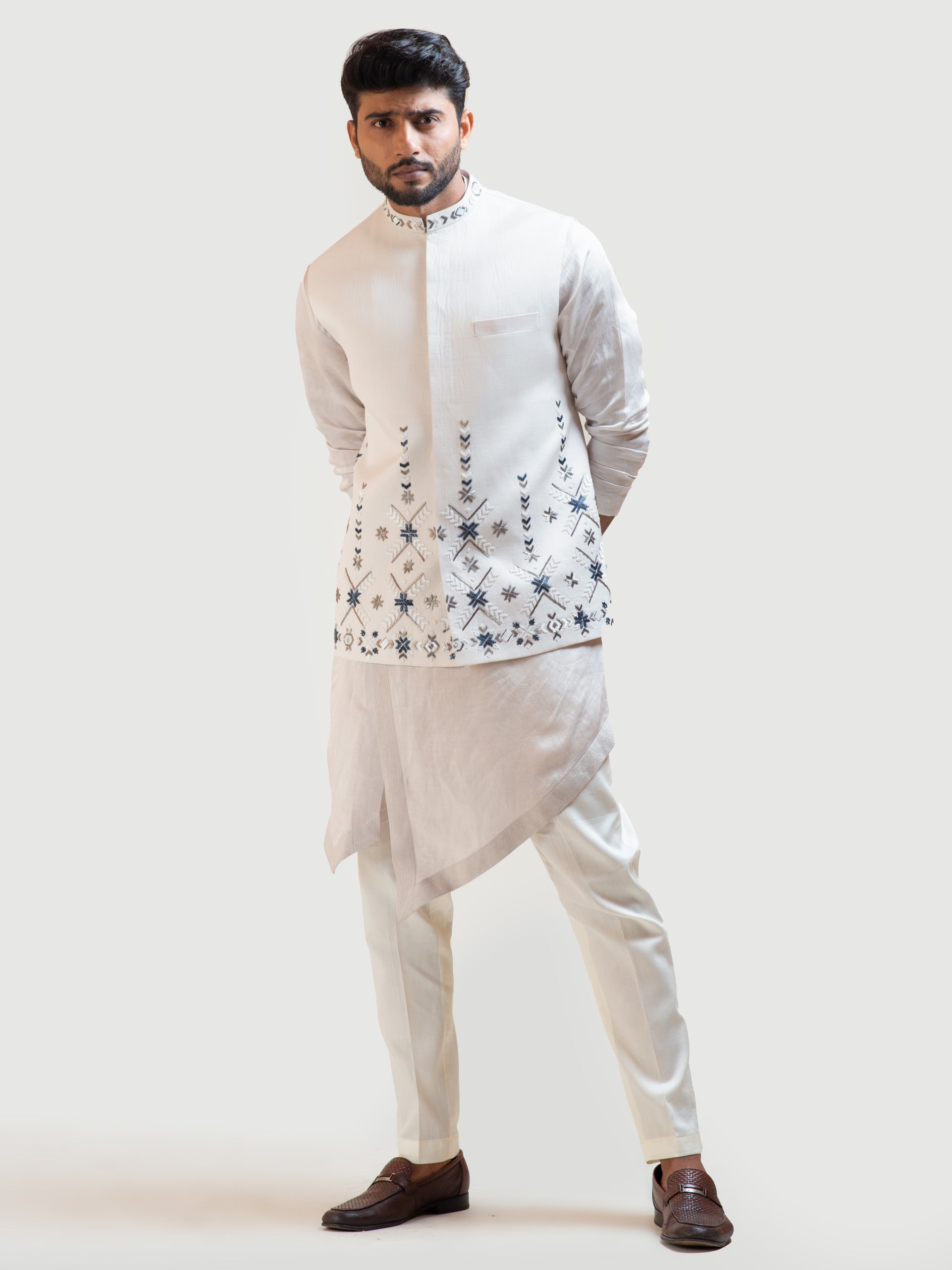 Cream Phulkari Nehru Kurta Set - S image