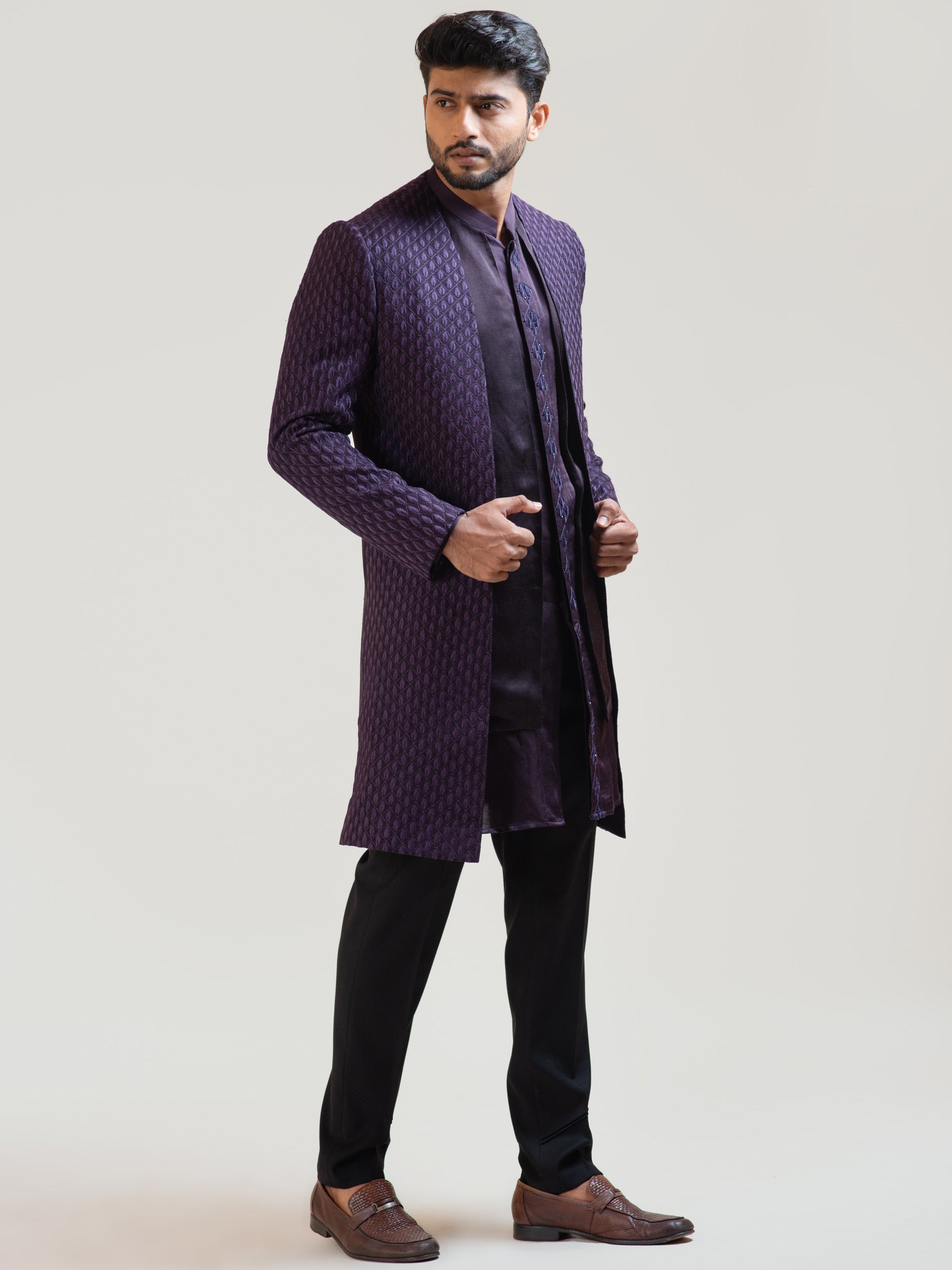 Purple Leaf Open Achkan Coat Set image 2