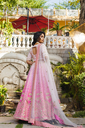 Pink Raw Silk Hand Embroidered Lehenga Set - M image