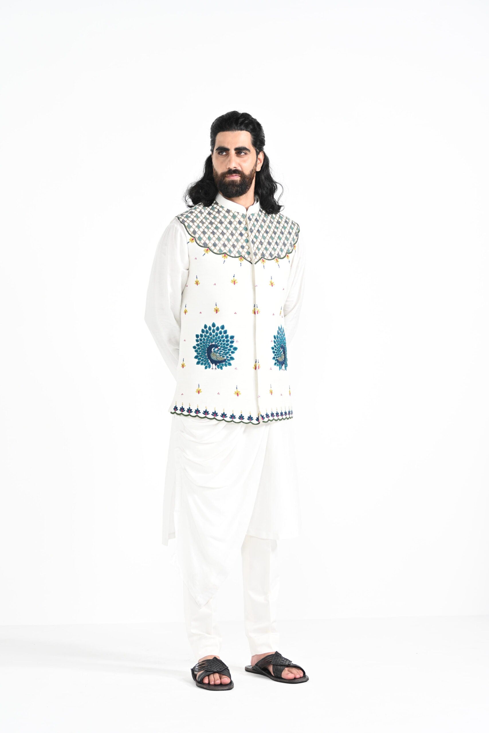 Rajasthani Peacock Work Nehru With a Drape Kurta Set image 8