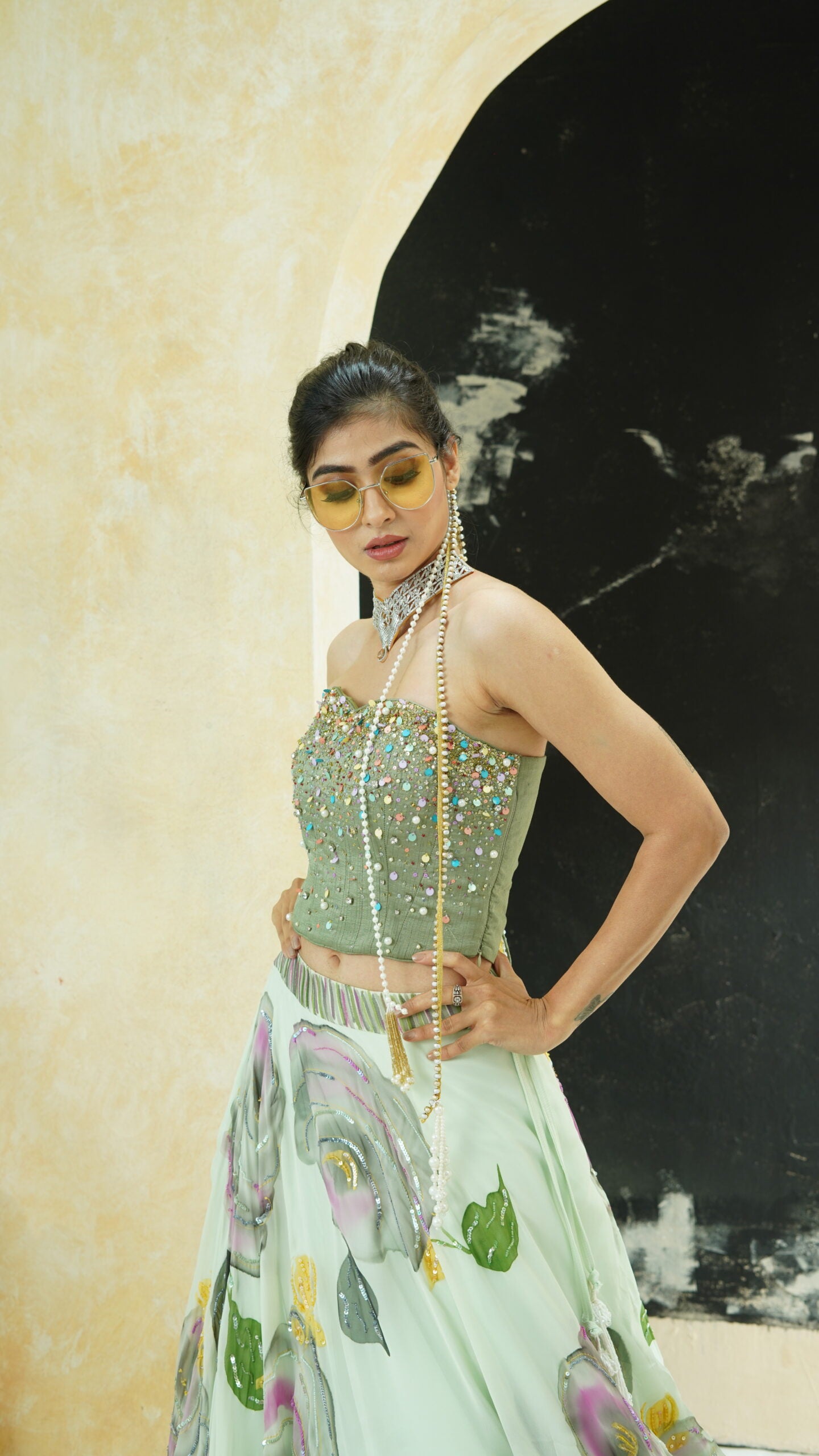 Mint Green hand painted lehenga and Green corset set image 1