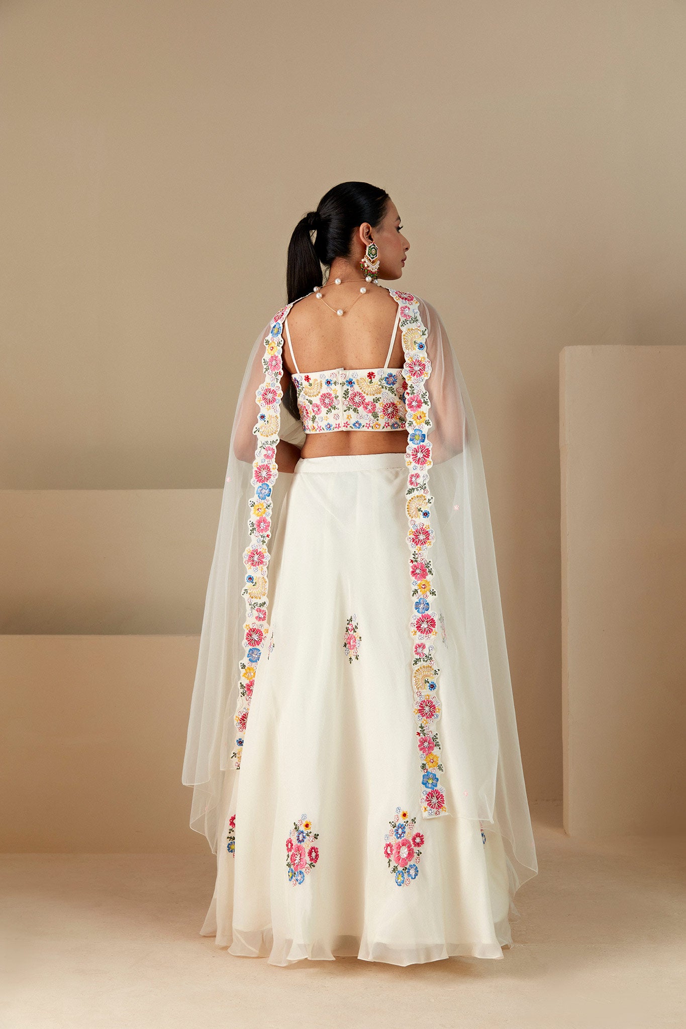 Off White Georgette Crepe and Organza Lehenga Set image 2