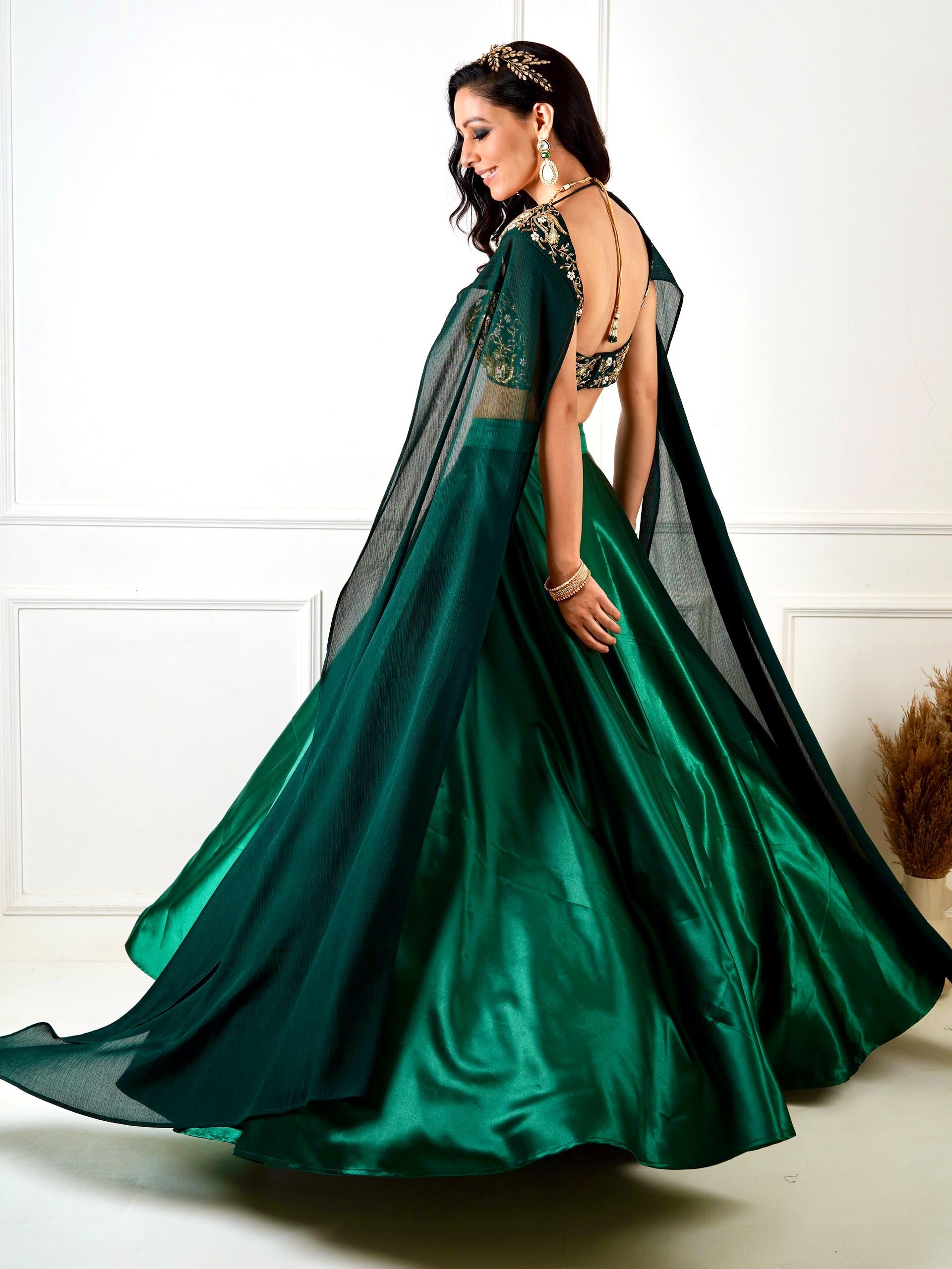 Green Meera Drape Lehenga Set image 4