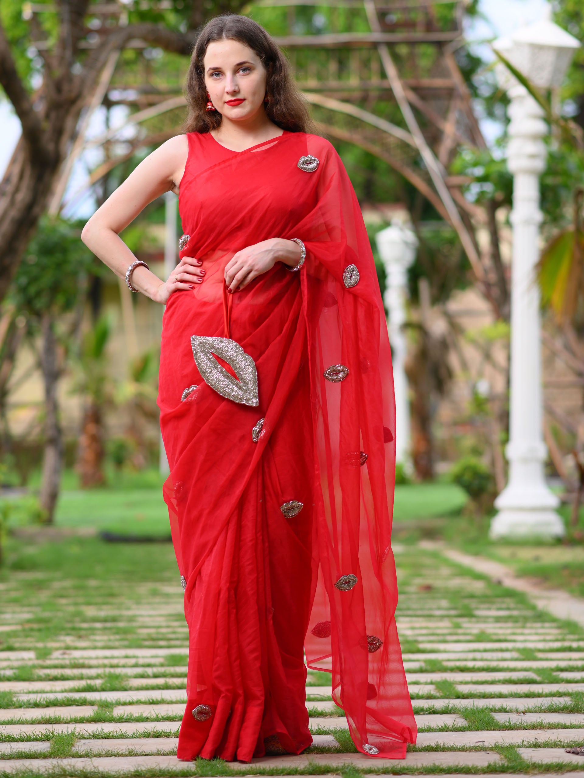 Red Lip Saree Set image 0