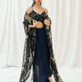 Navy Blue Printed Embroidered Drape Skirt Set with Cape image 0