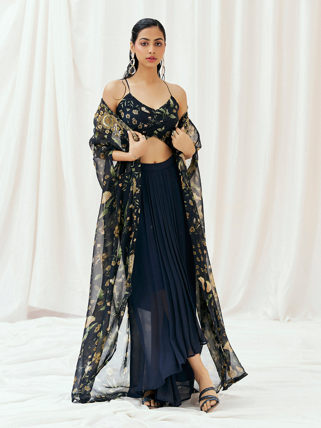 Navy Blue Printed Embroidered Drape Skirt Set with Cape image 0