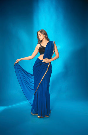 Blue Pre Stitched Saree With Black Sequin Blouse - XL image