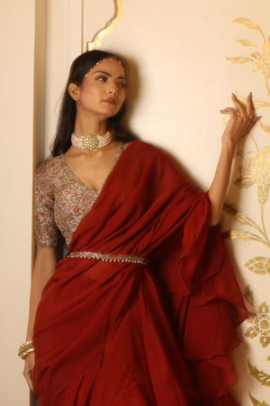 Rustic Red Organza Ruffle Saree Set image 3