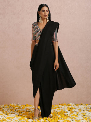 Black and Peach Pre Draped Saree Set - L image