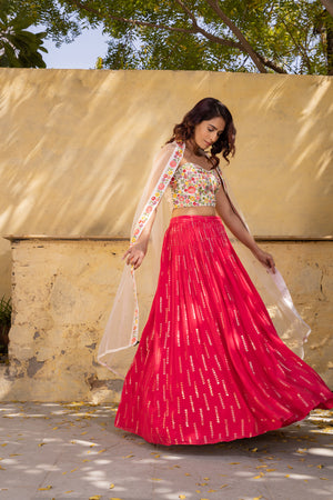 Pink Georgette Thread Work Lehenga Set - S image