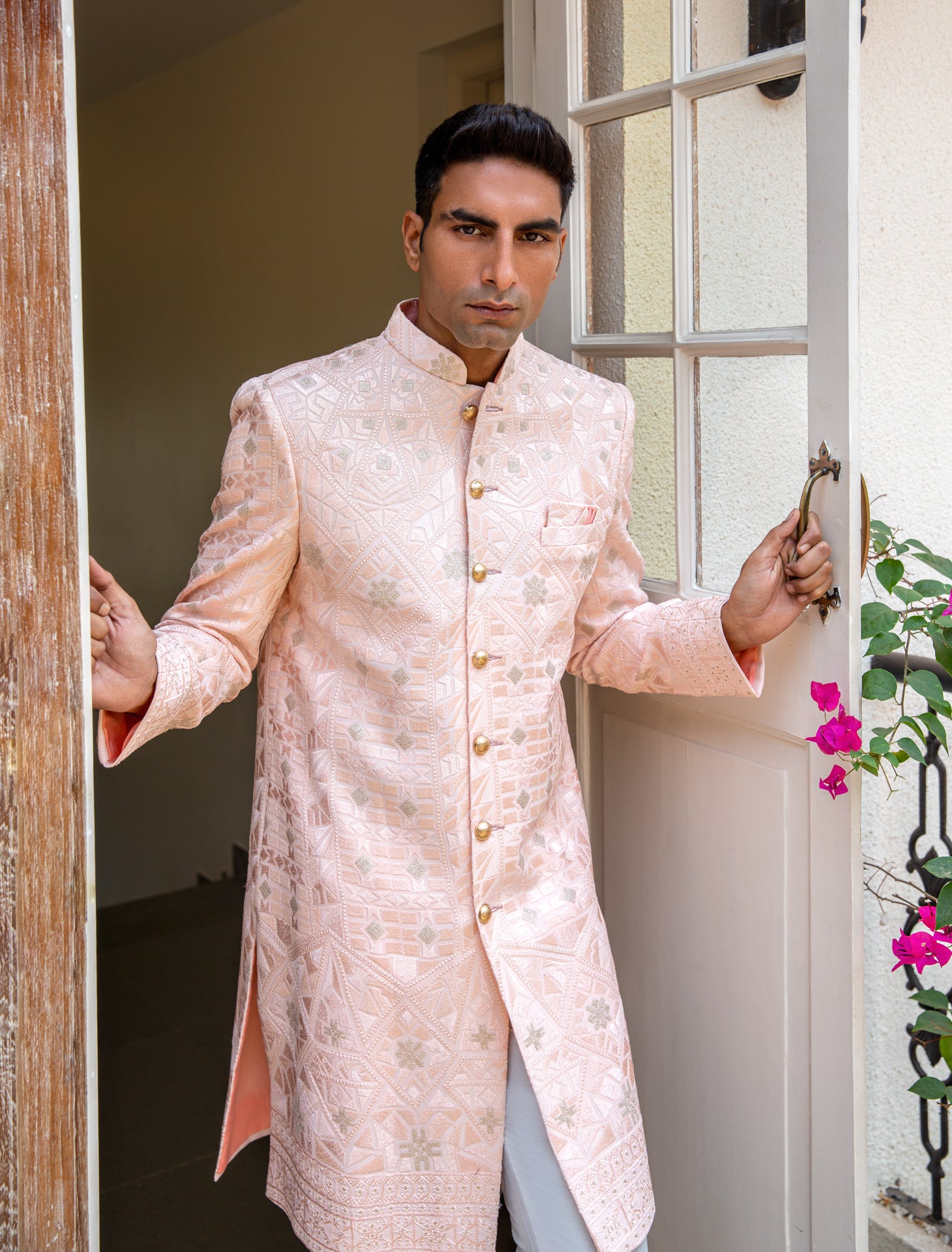 Light Pink Embroidered Sherwani Set image 3
